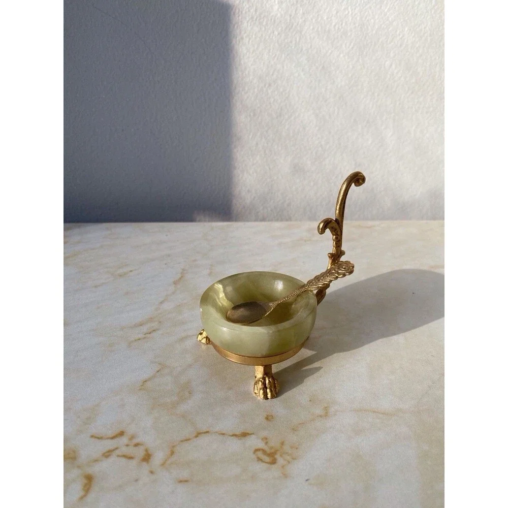 Vintage Green Onyx salt cellar and spoon Lion’s claw feet